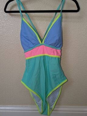 Popvil Colorblock One-Piece Swimsuit in Blue, Mint & Pink, Size Medium